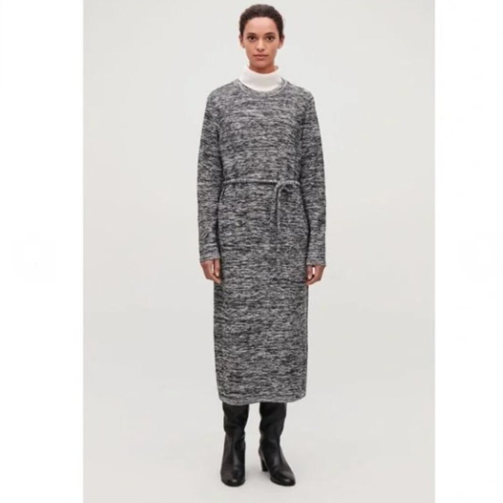 NWT COS grey heathered long sleeve belted long midi round neck dress size  XS